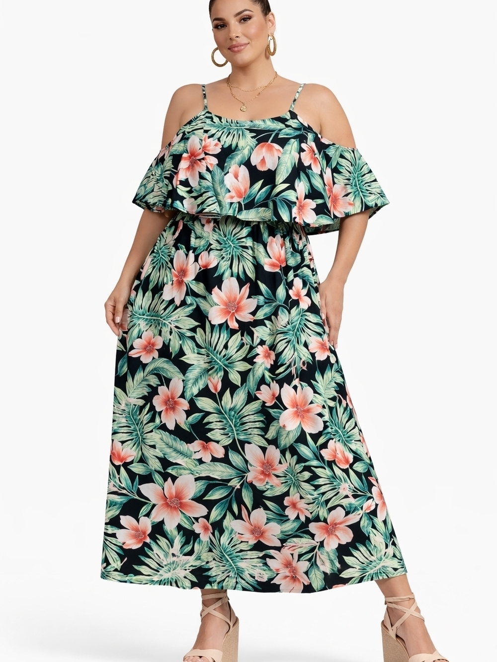 Floral Print Cold-Shoulder Maxi Dress - Black with Coral & Mint. Size 3XL.